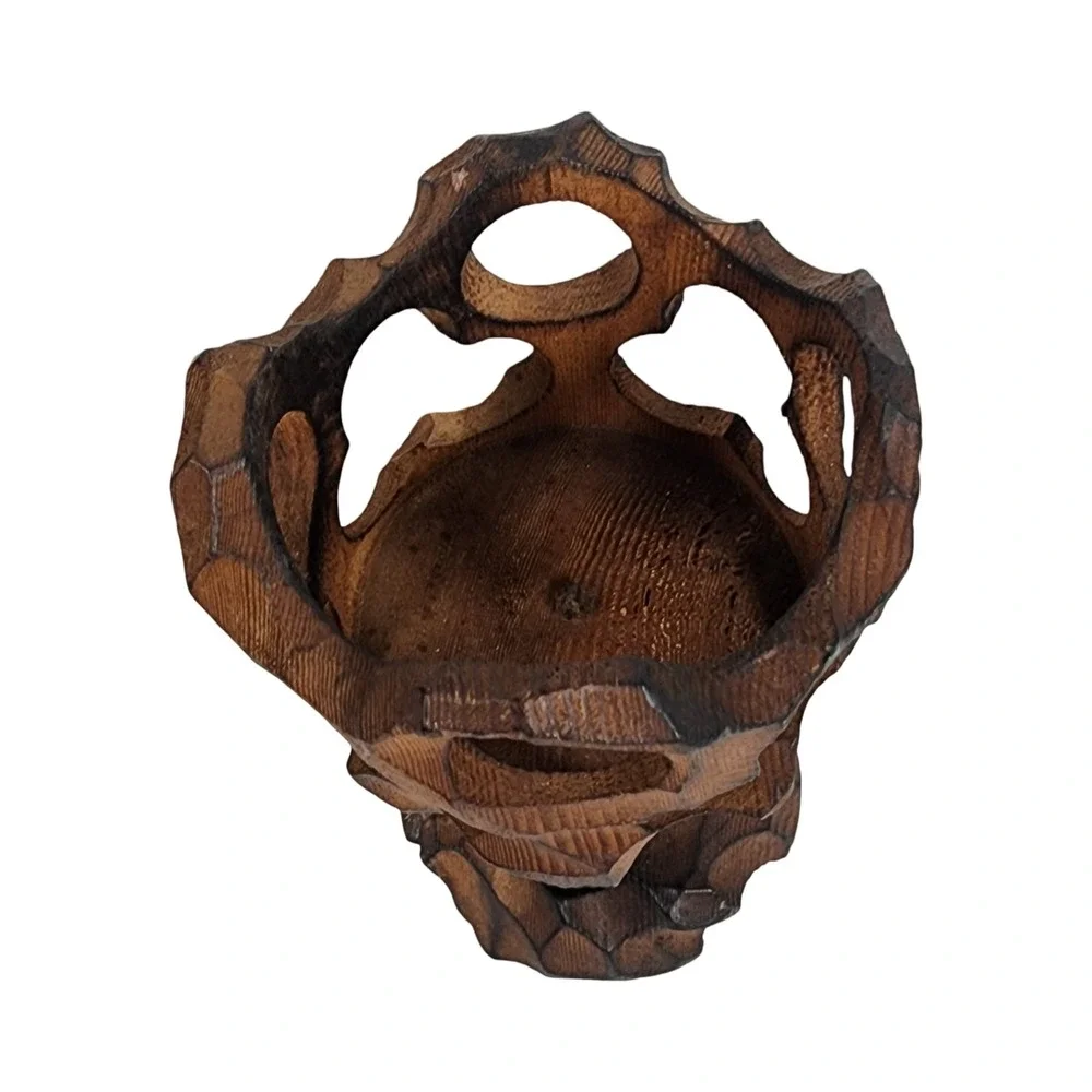 Vintage Hand Carved Brutalist Wood‎ Candle Holder Amber Glass Votive MCM 6.5in